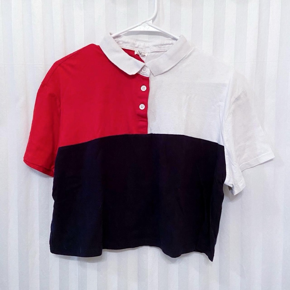Garage Red, White, & Blue Colorblock Polo Crop Top Shirt